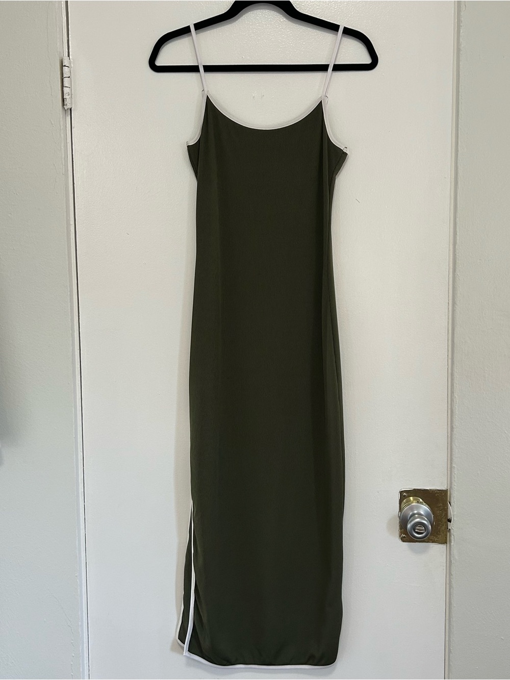 Cider Olive Green Slip Midi Dress with White Trim
